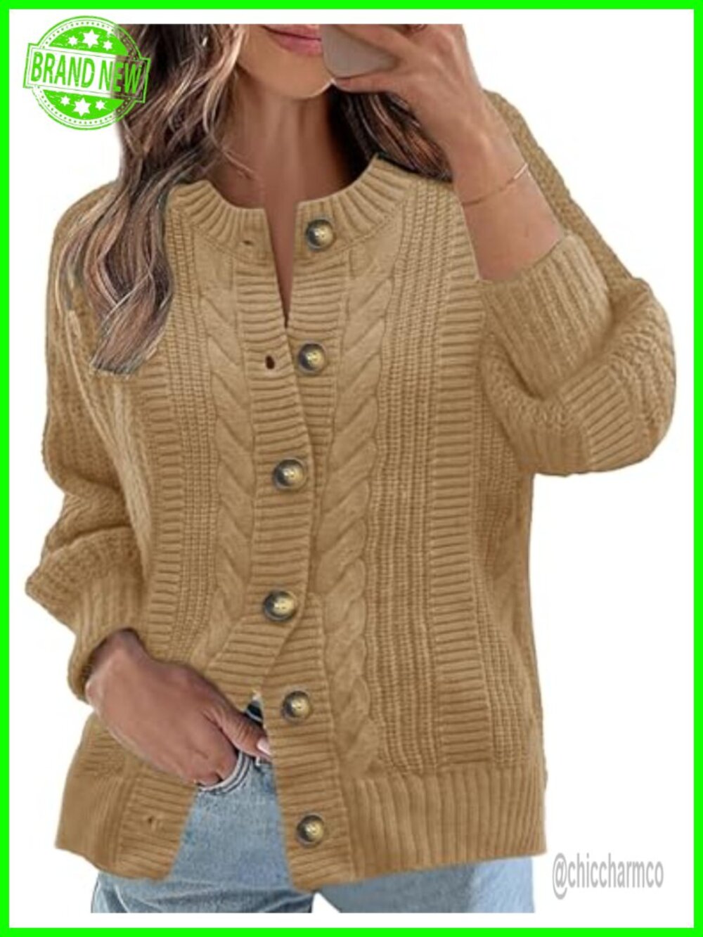 Cable Knit Open Front Cardigan Long Sleeve Button Women's Sweater